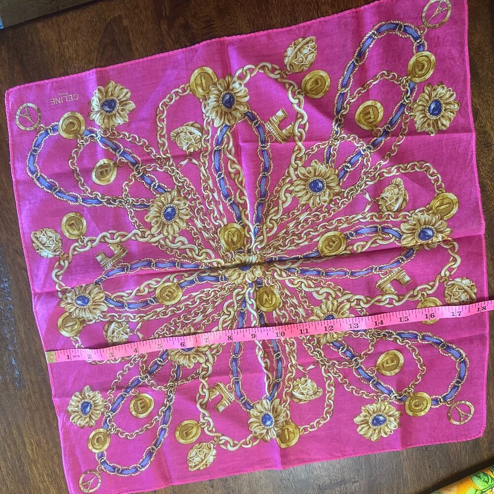 CELINE Paris Vintage Silk Cotton Scarf Handkerchief Pink Blue Gold Chain Link - Picture 3 of 3